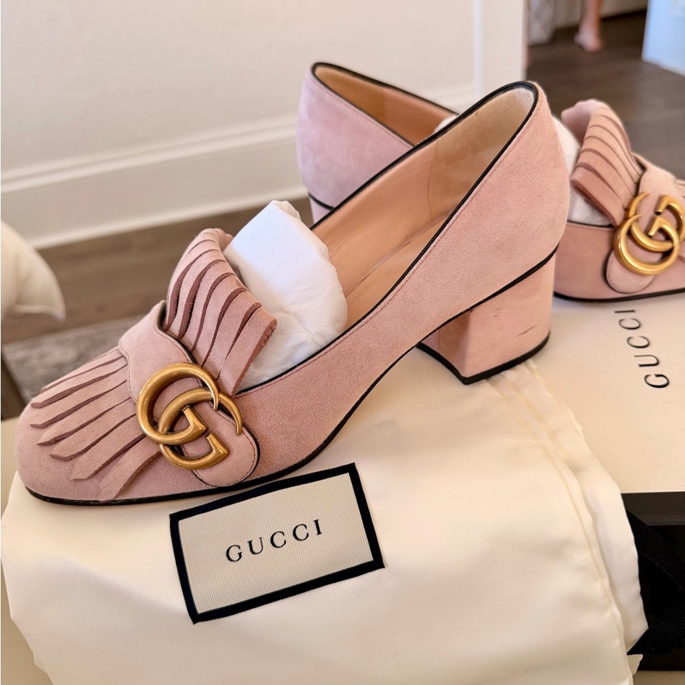 Gucci Suede Blush Pink Loafers with Gold Logo